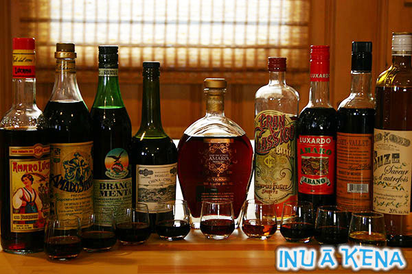 Amari/bitter liqueur bottles and glasses